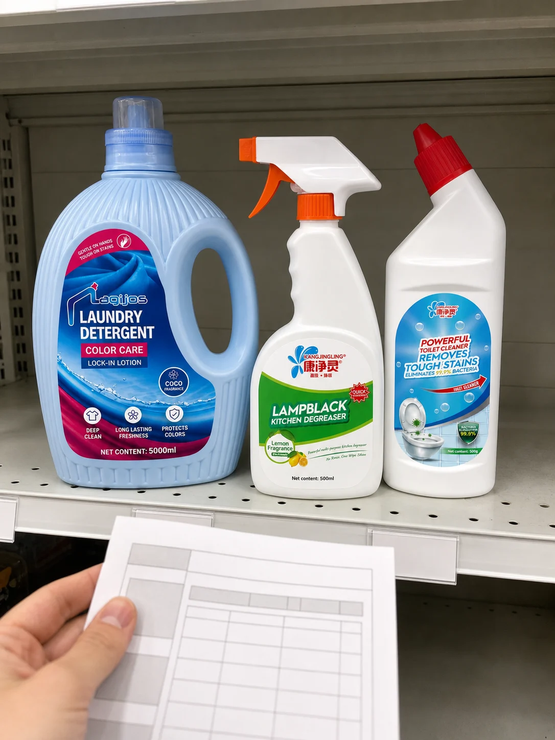 Qiaoshou laundry detergent, kitchen degreaser and toilet cleaner samples grouped on a retail shelf while a buyer reviews a range planning sheet