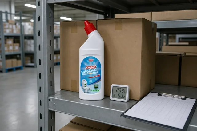 Qiaoshou toilet cleaning solution sample on a warehouse shelf with cartons, a temperature and humidity meter and a blank storage checklist clipboard
