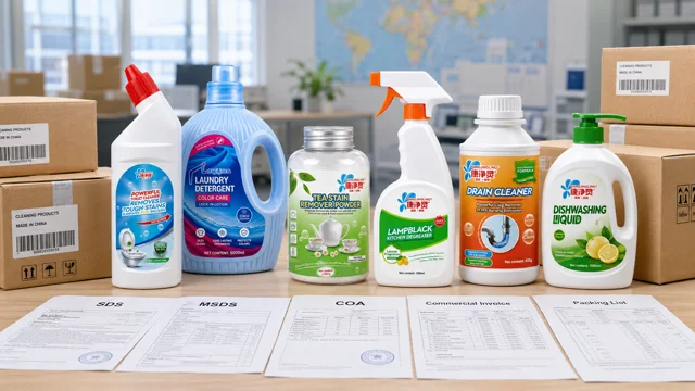 Qiaoshou cleaning product range with shipping cartons and SDS MSDS COA commercial invoice and packing list documents for import review