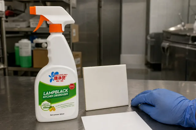 Qiaoshou kitchen degreaser trigger bottle on a stainless counter with a white tile sample, gloved hand and surface-direction note for buyer label review