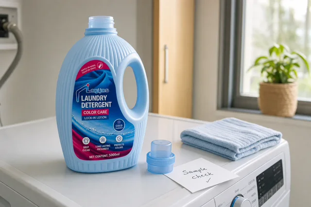 Qiaoshou laundry detergent bottle with measuring cap on a laundry machine, folded towel and sample check note for importer review