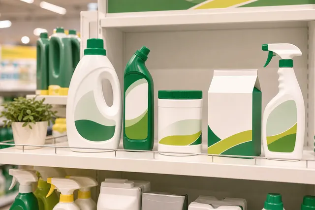 Qiaoshou-style private-label household cleaning product range displayed on a retail shelf