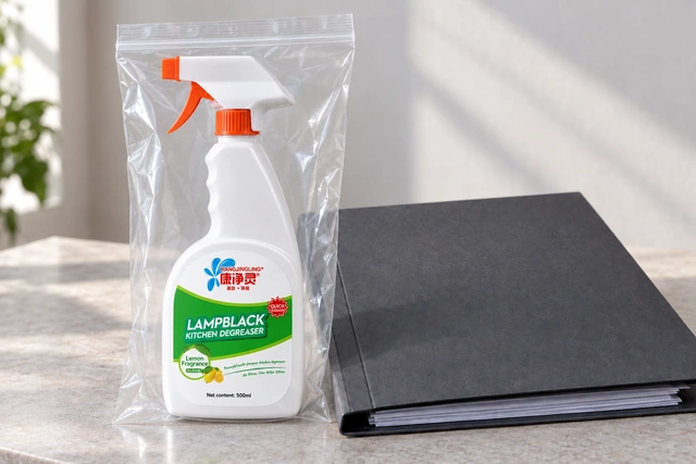 Kangjingling 500 ml kitchen degreaser in a protective sample bag beside its technical file folder