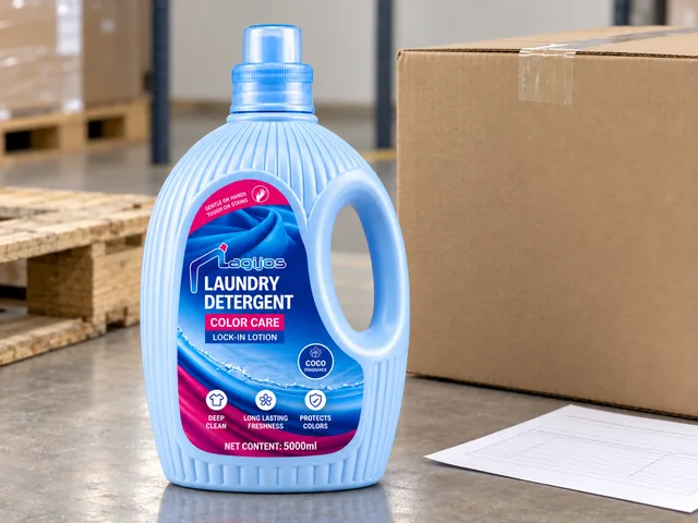 Botella azul de detergente Lagijos sobre una mesa de despacho junto a una caja sin marca, una hoja de carga y un palé