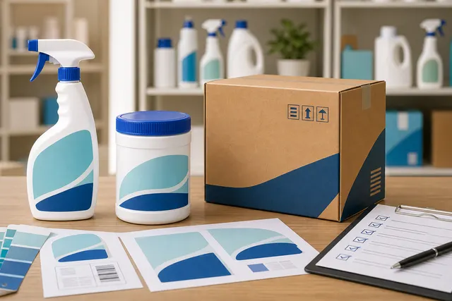 Qiaoshou-style cleaning product packaging approval scene with carton and label artwork