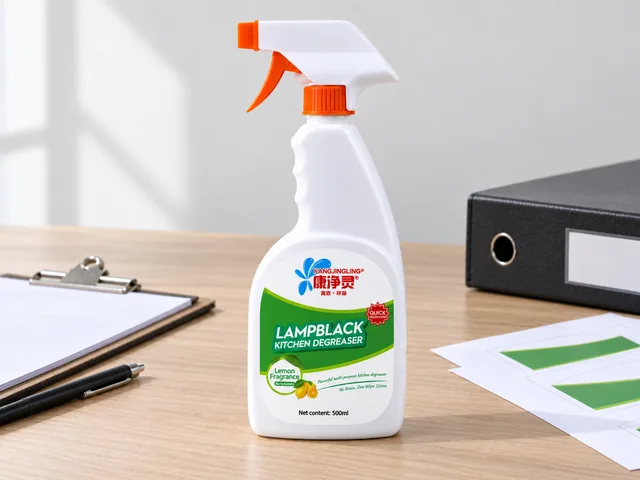 Kangjingling-Küchenentfetter mit 500 ml neben leeren Etikettblättern und Dokumentenmappe