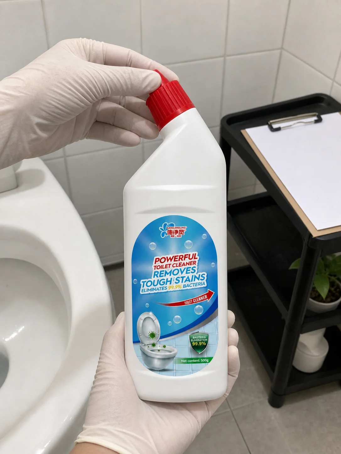 Qiaoshou toilet cleaner bottle held by gloved hands in a bathroom sample-review corner while the red angled cap and bottle neck are checked beside a blank clipboard